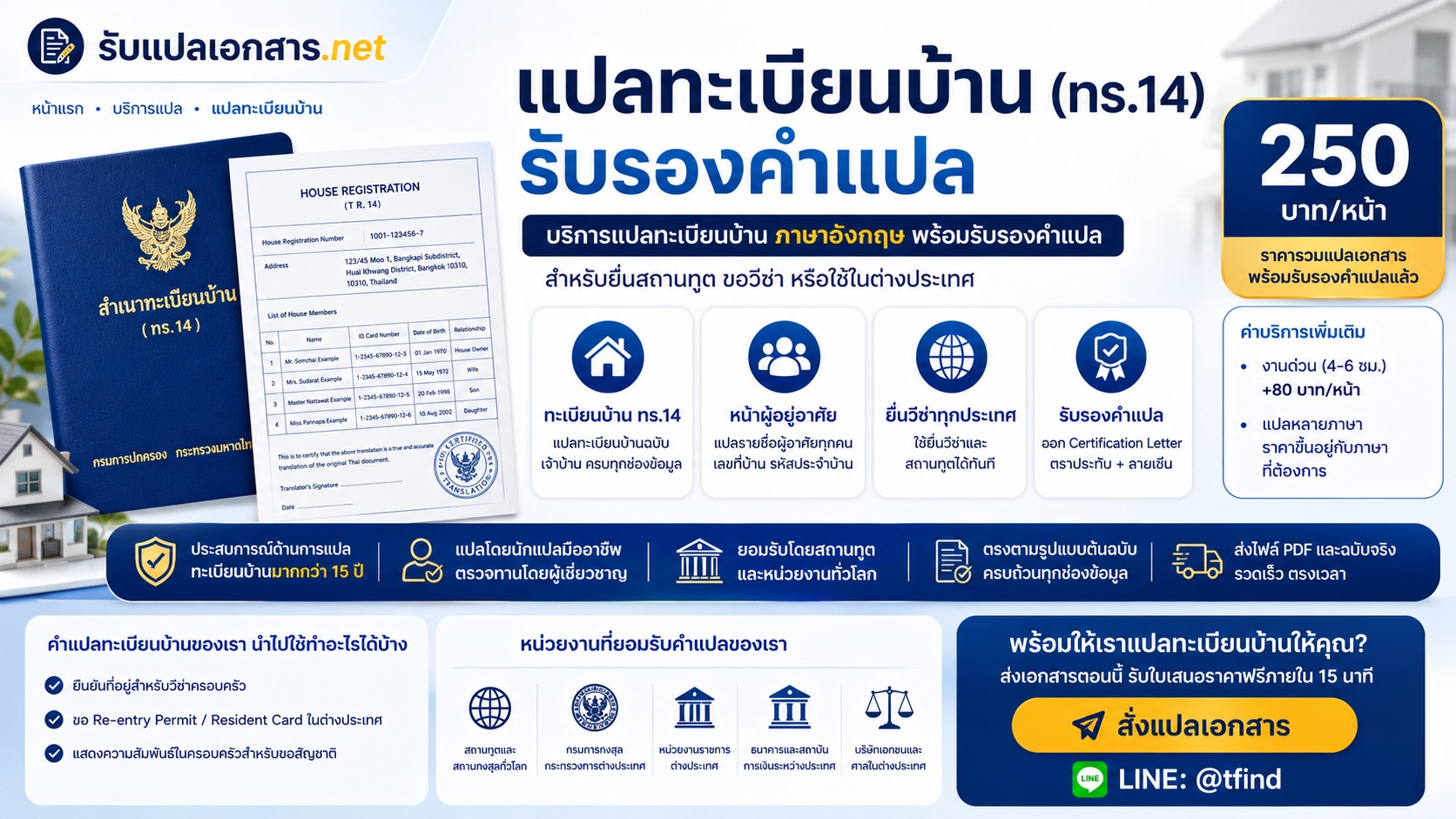 ภาพประกอบบริการแปลทะเบียนบ้าน (House Registration) เป็นภาษาอังกฤษ